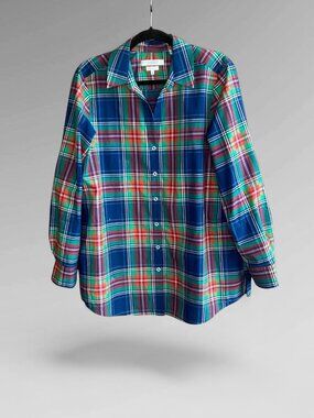 Foxcroft for Appleseed's Button Front Shirt Plaid Wrinkle Free Shaped Fit 16